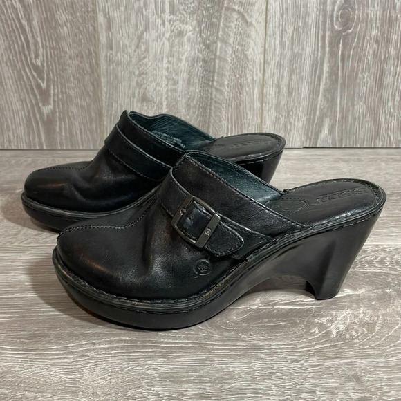 Born Black Leather Buckle Heeled Clogs Mules 8 - Picture 3 of 15